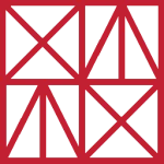 This image features a red geometric pattern with triangles and rectangles forming a symmetrical grid against a white background.