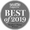 The image shows a circular logo with "Seattle Magazine Best of 2019 Readers' Choice Winner" text.
