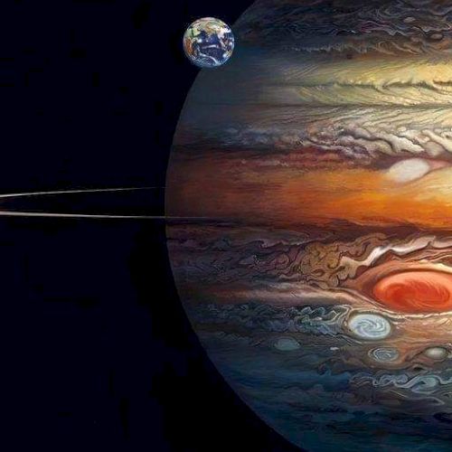 An artistic representation of a large planet with swirling clouds and a red spot, accompanied by a smaller Earth-like planet in space.