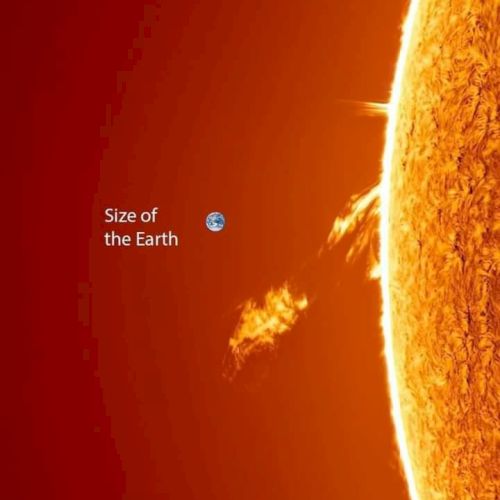 The image shows a portion of the Sun with a small Earth icon for size comparison, illustrating the vast size difference.