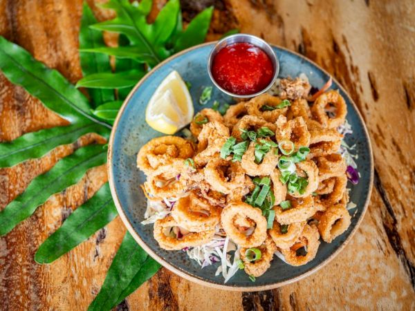 A plate of fried calamari with a lemon wedge and dipping sauce, garnished with herbs, on a wooden table with green leaves beside it.